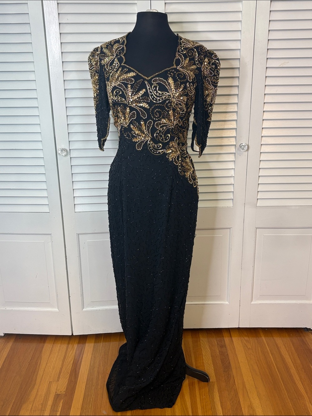 Alyce Designs Vintage Black & Gold Backless Beaded Evening Gown | Size 8